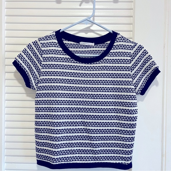 Zara Tops - Zara Trafaluc Women's Blue and White Crop Top Knit Short Sleeve Size Large EUC